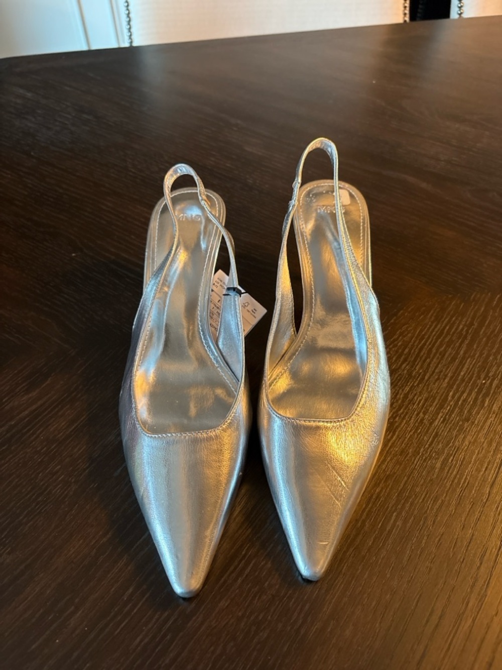 MANGO NWT Silver Metallic‎ Pointed Toe KittenSlingback Heels It Girl Shoes Sz 40